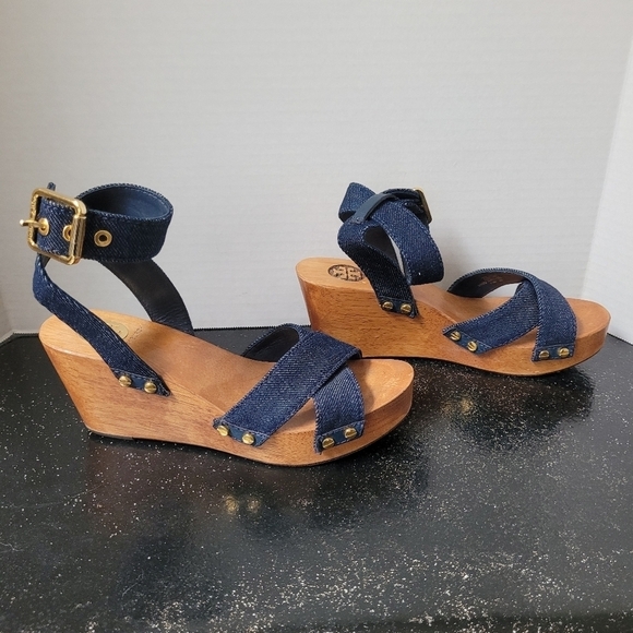 Tory Burch Risley Denim and Wood Wedges - Picture 3 of 9